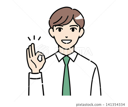 A color illustration of a young man in a dress shirt giving a cheerful OK sign with a smile. A color illustration of a young man in a dress shirt giving a cheerful OK sign with a smile. 141354334