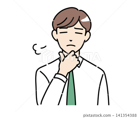 An illustration of a young man in a dress shirt with his eyes closed and sighing. 141354388