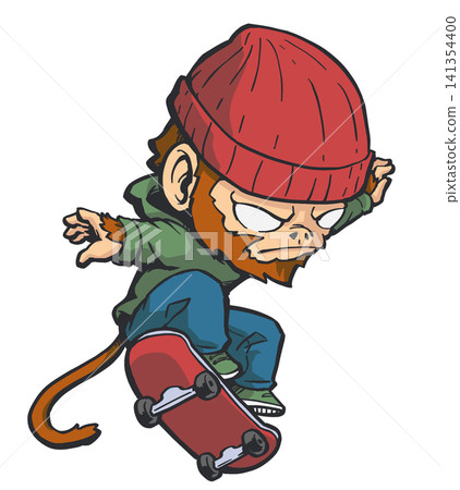 Cute Cartoon Monkey Wearing Hoodie and Beanie Hat Skateboarding Cute Cartoon Monkey Wearing Hoodie and Beanie Hat Skateboarding 141354400