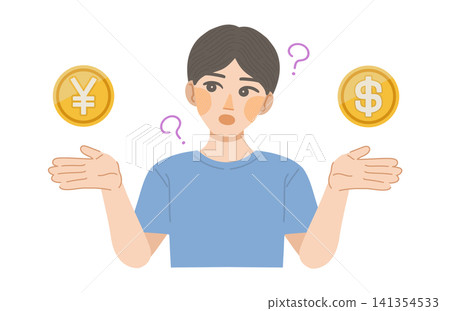 An illustration of a man comparing the values of the yen and the dollar. An illustration of a man comparing the values of the yen and the dollar. 141354533