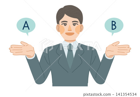 An illustration of a man in a suit smiling and proposing options A and B. An illustration of a man in a suit smiling and proposing options A and B. 141354534