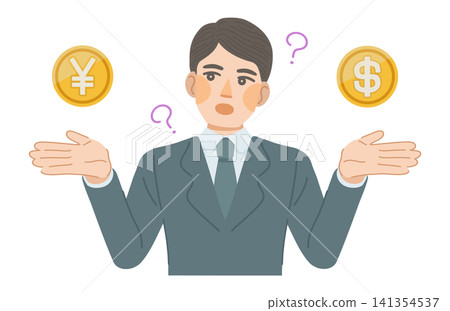 一幅插圖描繪了一位男性上班族比較日圓和美元價值的情景。 一幅插圖描繪了一位男性上班族比較日圓和美元價值的情景。 141354537