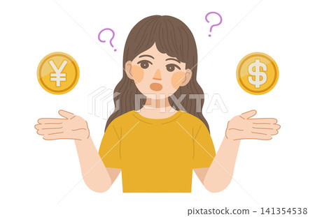 一幅描繪女性比較日圓和美元價值的插圖。 141354538