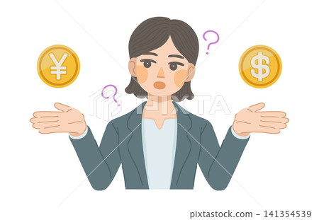 An illustration of a female office worker comparing the values of the yen and the dollar. An illustration of a female office worker comparing the values of the yen and the dollar. 141354539
