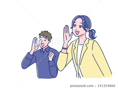 年輕的動漫風格上班族們面帶笑容地歡呼雀躍。 年輕的動漫風格上班族們面帶笑容地歡呼雀躍。 141354660