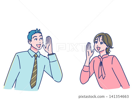 Young, anime-style office workers cheering with smiles on their faces. Young, anime-style office workers cheering with smiles on their faces. 141354663