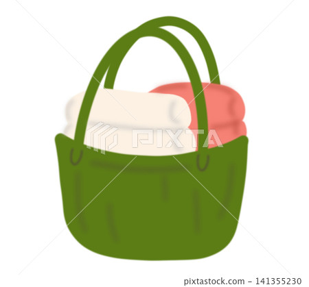 Cute cartoon illustration of a green basket filled with folded towels Cute cartoon illustration of a green basket filled with folded towels 141355230