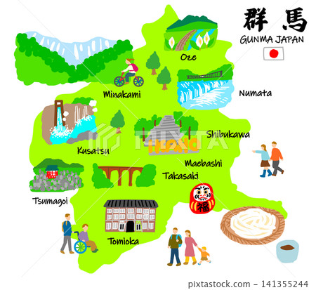 Gunma Travel: Hand-drawn flat illustrations of tourist spots and tourists 141355244