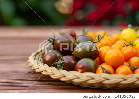 Colorful cherry tomatoes on the wooden table in the garden. Colorful cherry tomatoes on the wooden table in the garden. 141356082
