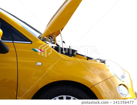 A yellow Italian car with its hood open (cutout) A yellow Italian car with its hood open (cutout) 141356477