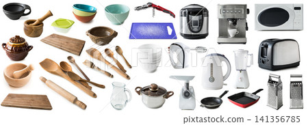 Kitchenware and Small Appliances Collection Isolated on White Kitchenware and Small Appliances Collection Isolated on White 141356785