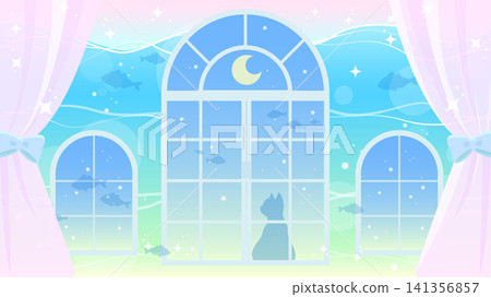 A fantastical background illustration of a room underwater and a cat (for streaming, wallpaper, fantasy) 141356857