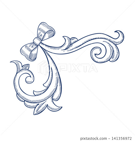 Decorative blue ornament in Baroque style. Vector, graphic illustration. A versatile element for borders, patterns, and textile prints. Design of covers, invitations, postcards, web pages and more. 141356972
