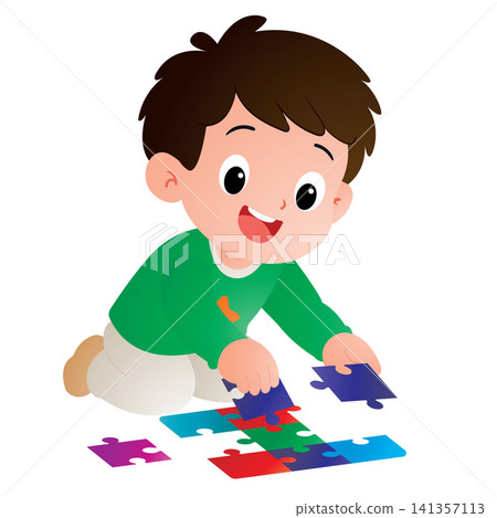 Smart Boy Solving Jigsaw Puzzle 141357113