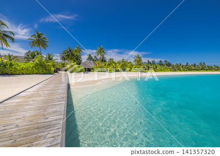 Wooden jetty along white sandy beach with palms and turquoise lagoon. Boardwalk perspective by tropical island shore, swing hanging over clear water. Inviting Maldives resort scene for vacation Wooden jetty along white sandy beach with palms and turquoise lagoon. Boardwalk perspective by tropical island shore, swing hanging over clear water. Inviting Maldives resort scene for vacation 141357320