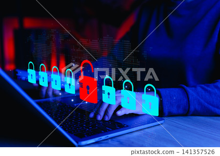 Cybersecurity Breach and Data Protection Concept. Unlocked red padlock among secured blue ones symbolizing cyberattack, data breach, online threat, network vulnerability in digital security systems, Cybersecurity Breach and Data Protection Concept. Unlocked red padlock among secured blue ones symbolizing cyberattack, data breach, online threat, network vulnerability in digital security systems, 141357526