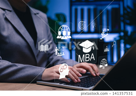 MBA program concept. Master of Business Administration. Businessperson using laptop with icons of business learning, education, leadership, global management, online degree, growth, academic success, 141357531
