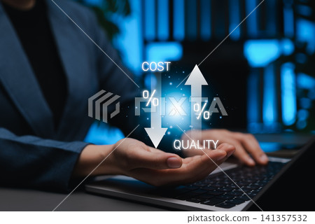 Cost reduction and quality improvement concept with businessperson showing virtual arrows indicating lower cost and higher quality, representing business optimization, efficiency strategy, efficient, 141357532
