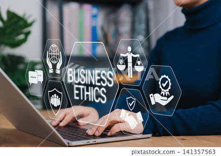 Business ethics concept. Person using laptop with digital icons of trust, balance, responsibility, representing corporate integrity, transparency and moral principles in modern business. core values, Business ethics concept. Person using laptop with digital icons of trust, balance, responsibility, representing corporate integrity, transparency and moral principles in modern business. core values, 141357563