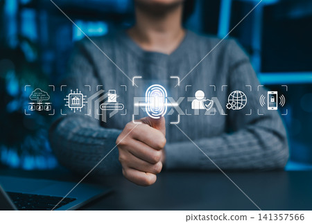 Biometric Identity Authentication System. Using biometric fingerprint scanning for secure login, representing digital identity, cybersecurity, authentication, privacy protection, data access control, 141357566