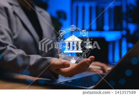 Digital banking concept. Businessperson holding digital banking icon representing financial technology, mobile banking, global economy, fintech innovation, secure transactions, online finance services Digital banking concept. Businessperson holding digital banking icon representing financial technology, mobile banking, global economy, fintech innovation, secure transactions, online finance services 141357589