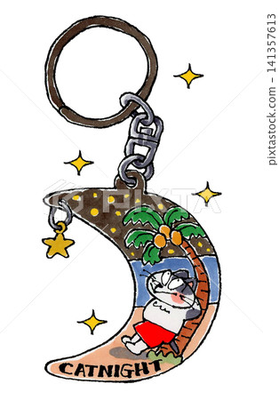 Cat keychain, night sky, beach, palm trees 141357613