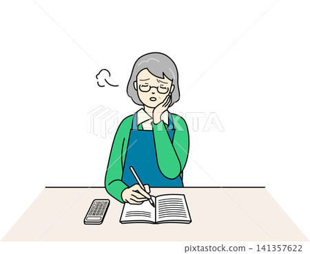 一位老婦人一邊嘆氣一邊擔憂地查看家裡的開銷。 一位老婦人一邊嘆氣一邊擔憂地查看家裡的開銷。 141357622
