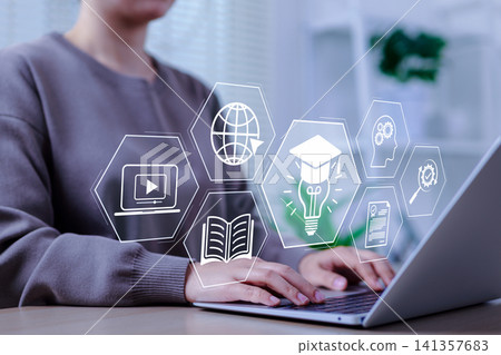 Online education and e-learning concept. A person use a laptop with icons representing online education, learning, knowledge sharing, educational tools, training, webinar on internet, digital courses, Online education and e-learning concept. A person use a laptop with icons representing online education, learning, knowledge sharing, educational tools, training, webinar on internet, digital courses, 141357683