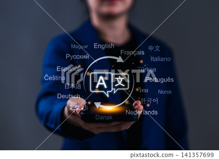 Multilingual Language Translation Technology Concept. A person holding smartphone with translation icons and global languages, representing modern multilingual translation technology. AI translator, Multilingual Language Translation Technology Concept. A person holding smartphone with translation icons and global languages, representing modern multilingual translation technology. AI translator, 141357699