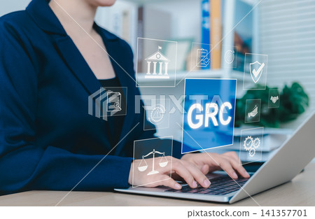GRC Governance Risk Compliance Concept. Businesswoman with GRC governance, risk, compliance icons, organizational management, and regulatory practices. reduce non compliance risk, business ethics, GRC Governance Risk Compliance Concept. Businesswoman with GRC governance, risk, compliance icons, organizational management, and regulatory practices. reduce non compliance risk, business ethics, 141357701
