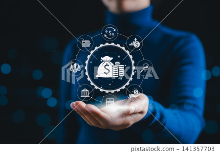ROI, Return on Investment and Financial Growth Concept. Businesswoman presents interface with icons of money, charts, and currencies, return on investment, financial strategy, business profitability, ROI, Return on Investment and Financial Growth Concept. Businesswoman presents interface with icons of money, charts, and currencies, return on investment, financial strategy, business profitability, 141357703