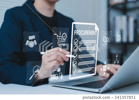 Procurement management Concept. Businessperson using procurement checklist representing procurement, logistics, inventory, supply chain, vendor, acquisition, warehouse, and purchasing processes. Procurement management Concept. Businessperson using procurement checklist representing procurement, logistics, inventory, supply chain, vendor, acquisition, warehouse, and purchasing processes. 141357851