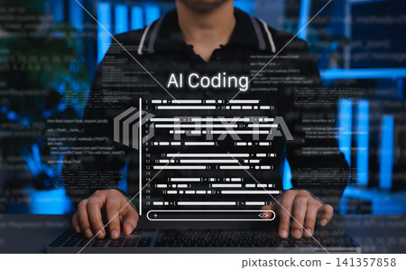AI coding assistant for programming. A developer using virtual code interface, symbolizing artificial intelligence in software development, automation, and smart programming solutions. AI Agent, 141357858