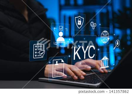 Know Your Customer (KYC) concept. Person using identity verification on laptop, secure client onboarding, compliance, anti-money laundering (AML), personal data protection in financial or regulatory. 141357862