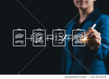 Business Process Review and Quality Control Workflow. Businesswoman interacts with checklist, step-by-step document review and quality control workflow concept. verification, approval, certificate, Business Process Review and Quality Control Workflow. Businesswoman interacts with checklist, step-by-step document review and quality control workflow concept. verification, approval, certificate, 141357878