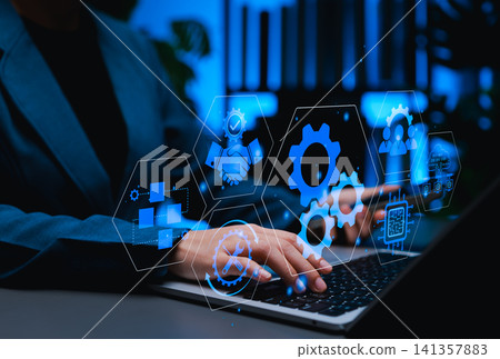 BPA Business process automation concept. A professional using laptop with digital icons of gear, flowcharts, cloud computing, tools, representing automation, optimization, business workflow technology BPA Business process automation concept. A professional using laptop with digital icons of gear, flowcharts, cloud computing, tools, representing automation, optimization, business workflow technology 141357883