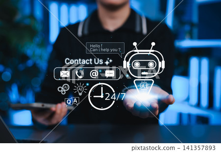 AI chatbot customer support concept. Woman holding robot assistant icons, contact options, and 24/7 service symbols, representing artificial intelligence in communication and real-time business help. AI chatbot customer support concept. Woman holding robot assistant icons, contact options, and 24/7 service symbols, representing artificial intelligence in communication and real-time business help. 141357893