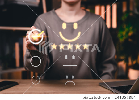 Customer satisfaction concept. Person selecting five-star rating with smiling face icon representing excellent service, positive feedback, user experience, review and client satisfaction evaluation. 141357894