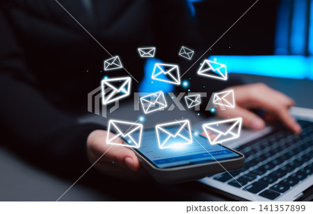 Email communication and digital messaging concept. Woman using smartphone with envelope icons, symbolizing online correspondence, email marketing, new email notification, newsletter, reply mail, Email communication and digital messaging concept. Woman using smartphone with envelope icons, symbolizing online correspondence, email marketing, new email notification, newsletter, reply mail, 141357899