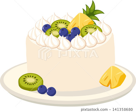 Tropical fruit cream cake decorated with kiwi blueberries and pineapple Tropical fruit cream cake decorated with kiwi blueberries and pineapple 141358680