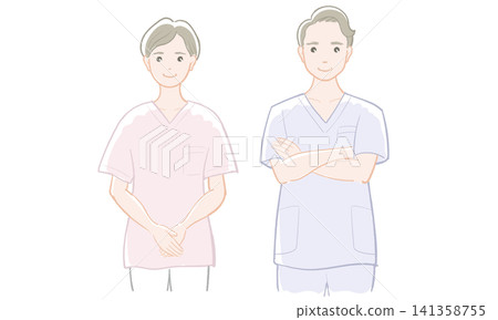 彩色插圖,描繪了一名男護士和一名女護士。 彩色插圖,描繪了一名男護士和一名女護士。 141358755