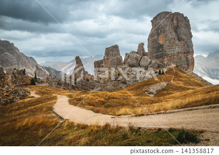 Wide hiking trail near Cinque Torri rock formations, Dolomites Wide hiking trail near Cinque Torri rock formations, Dolomites 141358817