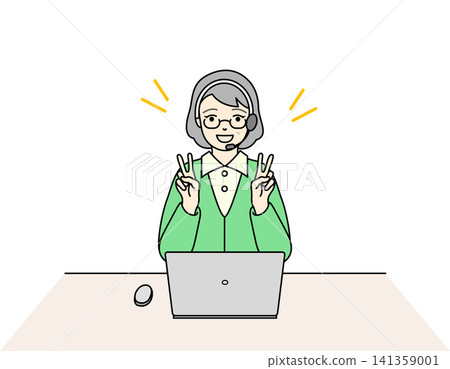 A senior woman wearing a headset and making a peace sign with both hands in front of her computer. A senior woman wearing a headset and making a peace sign with both hands in front of her computer. 141359001