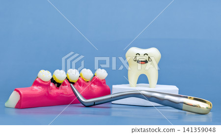 Sad crying cartoon tooth character with decay jaw model and extraction forceps. Concept of toothache and fear of the dentist. Sad crying cartoon tooth character with decay jaw model and extraction forceps. Concept of toothache and fear of the dentist. 141359048