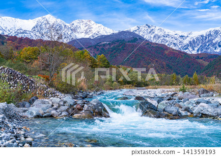 從白馬村白馬大橋附近看到的山巒秋色和白雪皚皚的右轉立山山脈[長野縣] 141359193