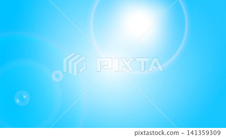 Bright blue gradient background featuring a soft sun lens flare and bokeh light effects  141359309