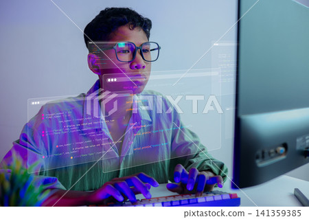 Futuristic young Asian software developer with glasses coding with virtual hologram screens in neon light. Cyber security expert, hacker or programmer working on AI technology project. Futuristic young Asian software developer with glasses coding with virtual hologram screens in neon light. Cyber security expert, hacker or programmer working on AI technology project. 141359385