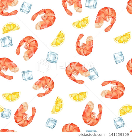Fresh shrimp and lemon seamless pattern hand-drawn illustration Fresh shrimp and lemon seamless pattern hand-drawn illustration 141359509