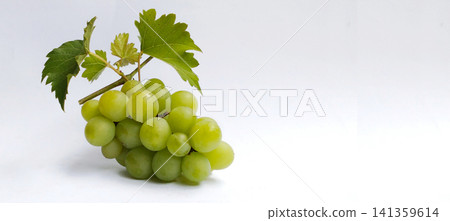 A cluster of fresh green grapes with their leaves, against a white background. A cluster of fresh green grapes with their leaves, against a white background. 141359614