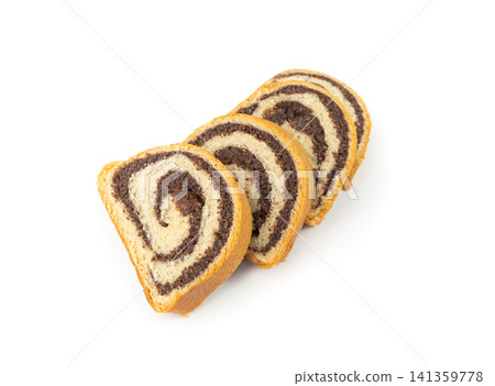 Poppy Seed Swiss Roll, Round Sponge Cake Isolated, Sliced Rolled Vanilla Biscuit with Poppy Seeds Filling Poppy Seed Swiss Roll, Round Sponge Cake Isolated, Sliced Rolled Vanilla Biscuit with Poppy Seeds Filling 141359778